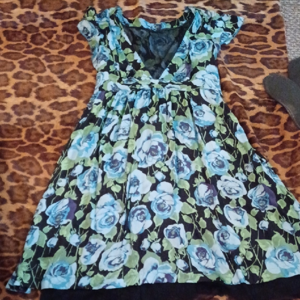 Vintage-style Floral Blue and Green Cocktail Dress - L
